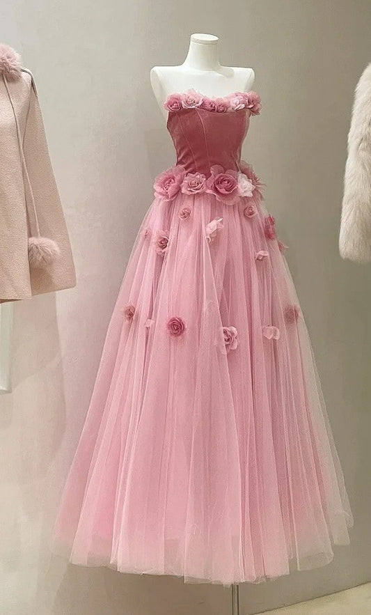 Pretty Prom Dress Strapless Pleated Tulle Floral Gala Dress Evening Dress Formal Gown      D5457