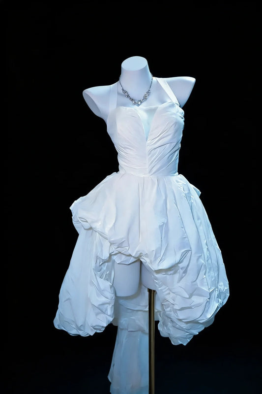 Stunning Homecoming Dress White Halter Pleated Short Prom Dress Back to School Outfits Party Dress  D5459