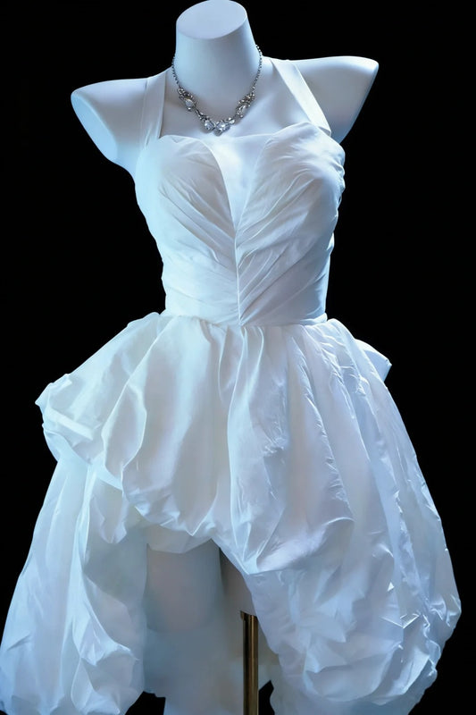 Stunning Homecoming Dress White Halter Pleated Short Prom Dress Back to School Outfits Party Dress  D5459