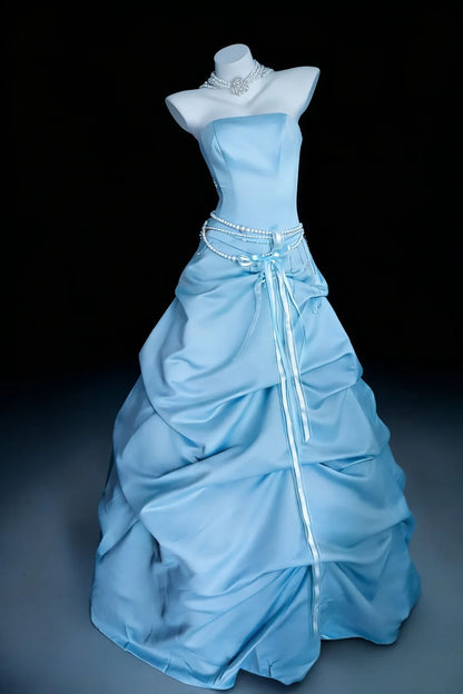 Atemberaubendes Ballkleid A-Linie Hellblau Trägerlos Plissiertes Galakleid Abendkleid Festliches Kleid D5463