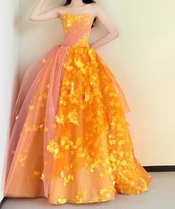 Beauty Abschlussballkleid A-Linie Trägerlos Tüll Blumen Gala Kleid Abendkleid Festliches Kleid D5464