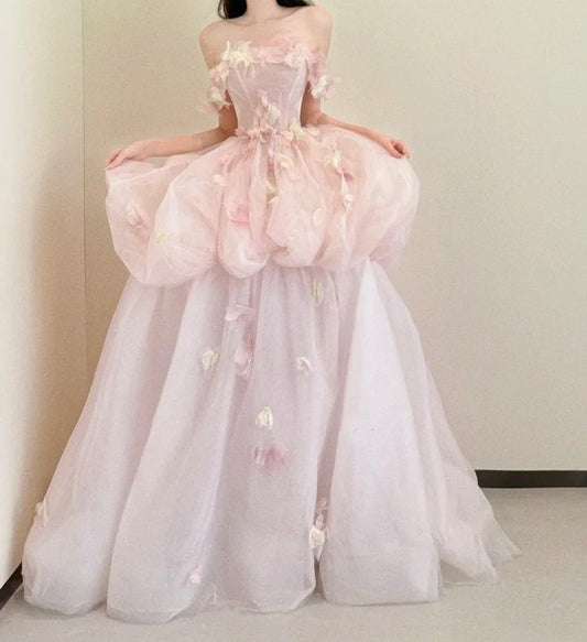 Pretty Ball Gown Light Pink Off Shoulder Floral Evening Dress Quinceanera Dress Birthday Prom Gown       D5466