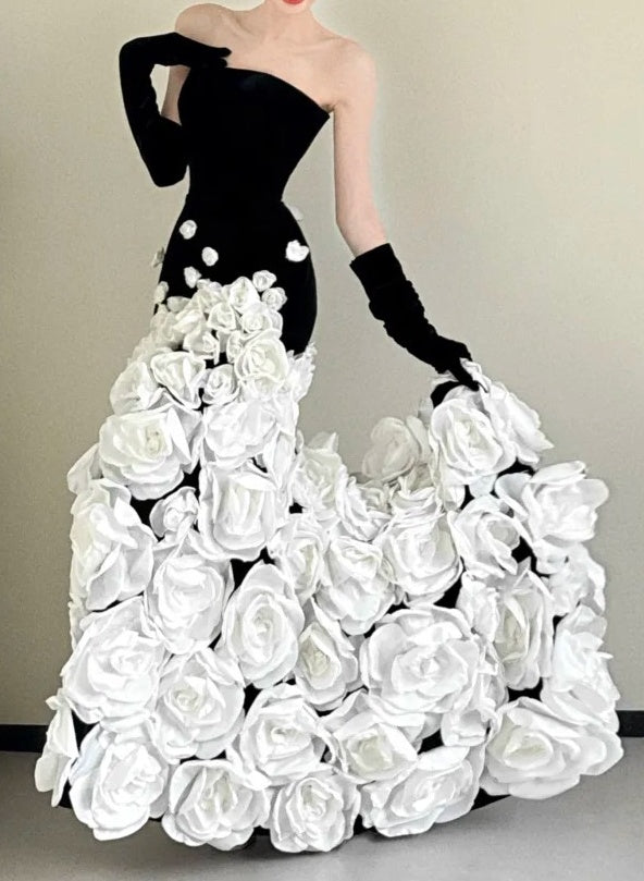 Elegant Prom Dress Black Strapless Flower Mermaid Gala Dress Evening Dress       D5469