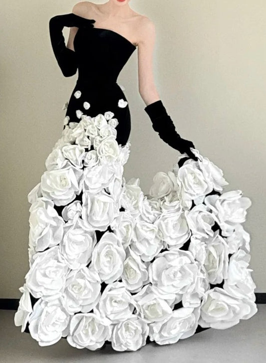 Elegant Prom Dress Black Strapless Flower Mermaid Gala Dress Evening Dress       D5469