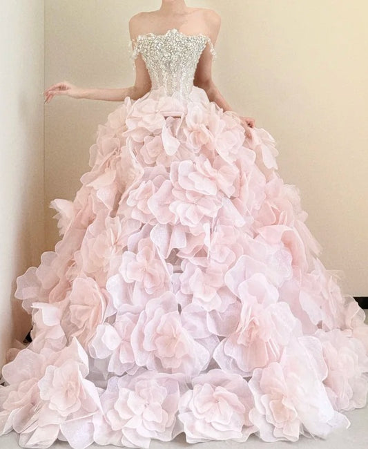 Gorgeous Ball Gown Light Pink Off Shoulder Flower Evening Dress Quinceanera Dress Birthday Prom Gown       D5470