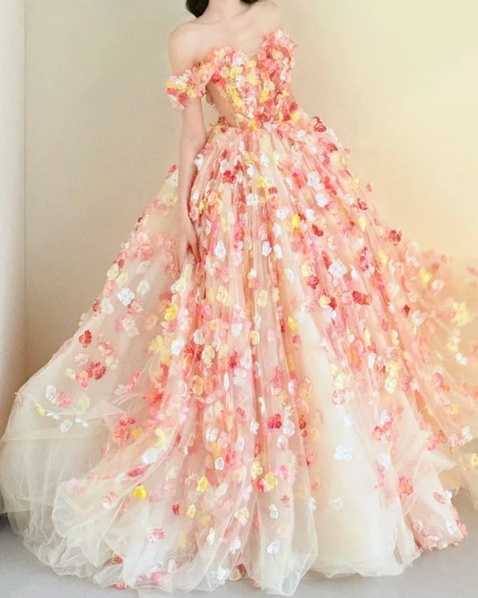 Pretty Ball Gown Off Shoulder Floral Evening Dress Quinceanera Dress Birthday Prom Gown       D5471