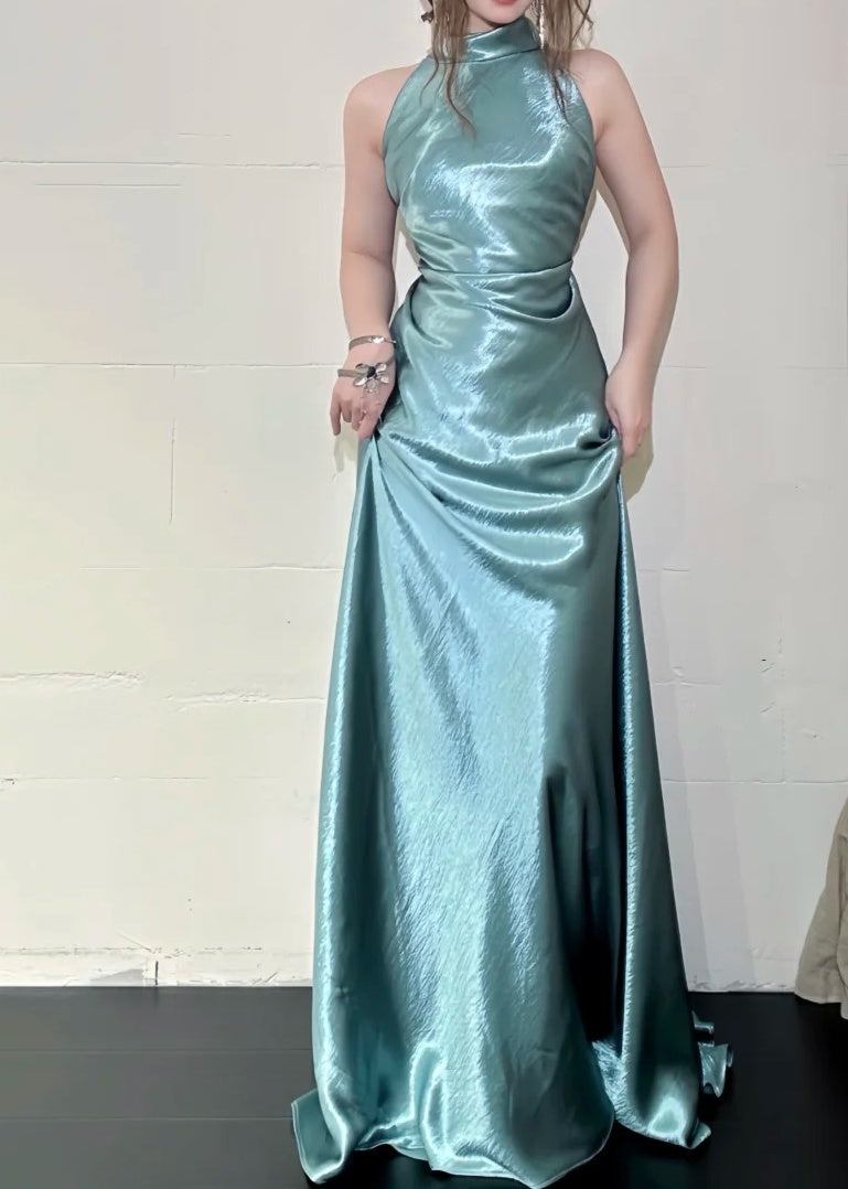 Schönes Abschlussballkleid A-Linie Stehkragen Satin Galakleid Abendkleid D5478