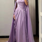 Elegantes Ballkleid Satin Lila schulterfrei plissiertes Galakleid Abendkleid D5482