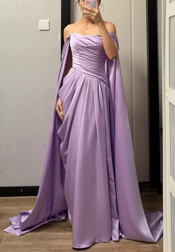 Elegantes Ballkleid Satin Lila schulterfrei plissiertes Galakleid Abendkleid D5482
