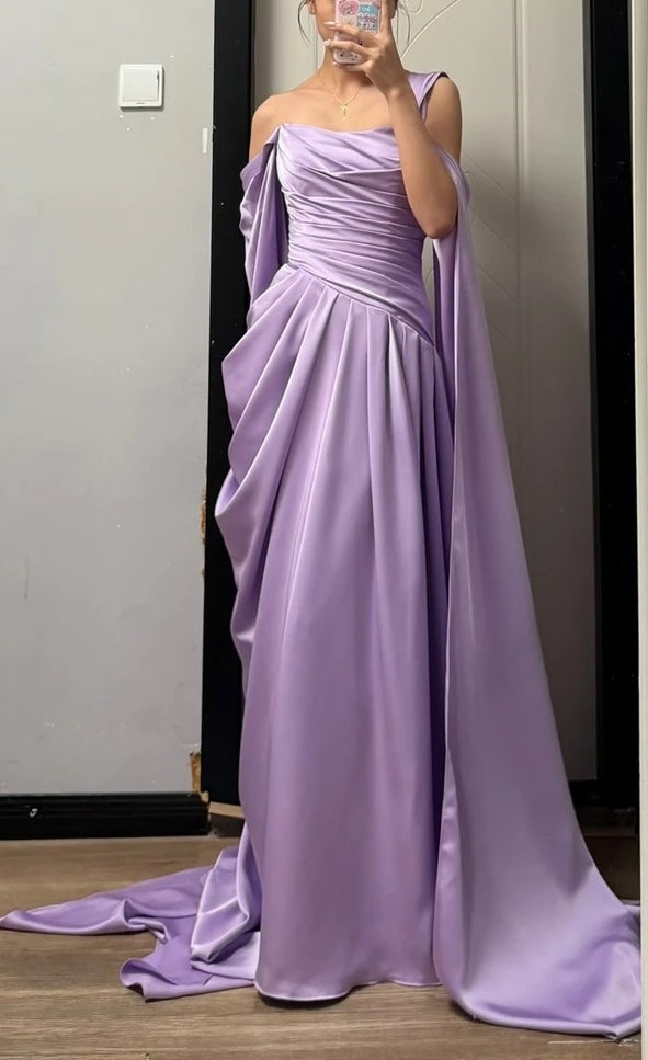 Elegantes Ballkleid Satin Lila schulterfrei plissiertes Galakleid Abendkleid D5482