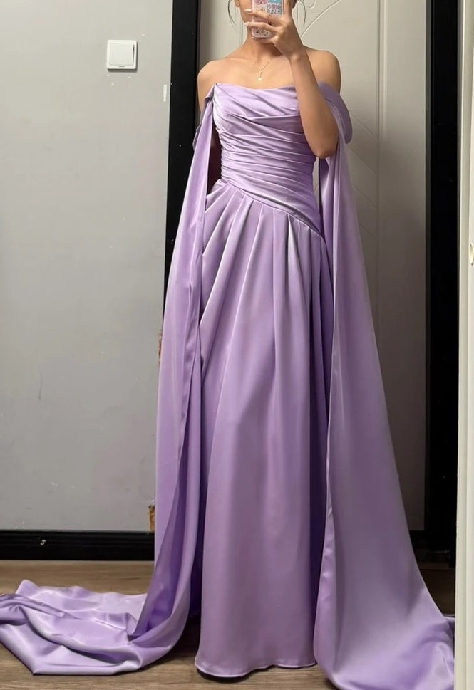 Elegantes Ballkleid Satin Lila schulterfrei plissiertes Galakleid Abendkleid D5482