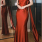 Elegant Prom Dress Wine Red Satin Off Shoulder Pleated Gala Dress Evening Dress       D5490