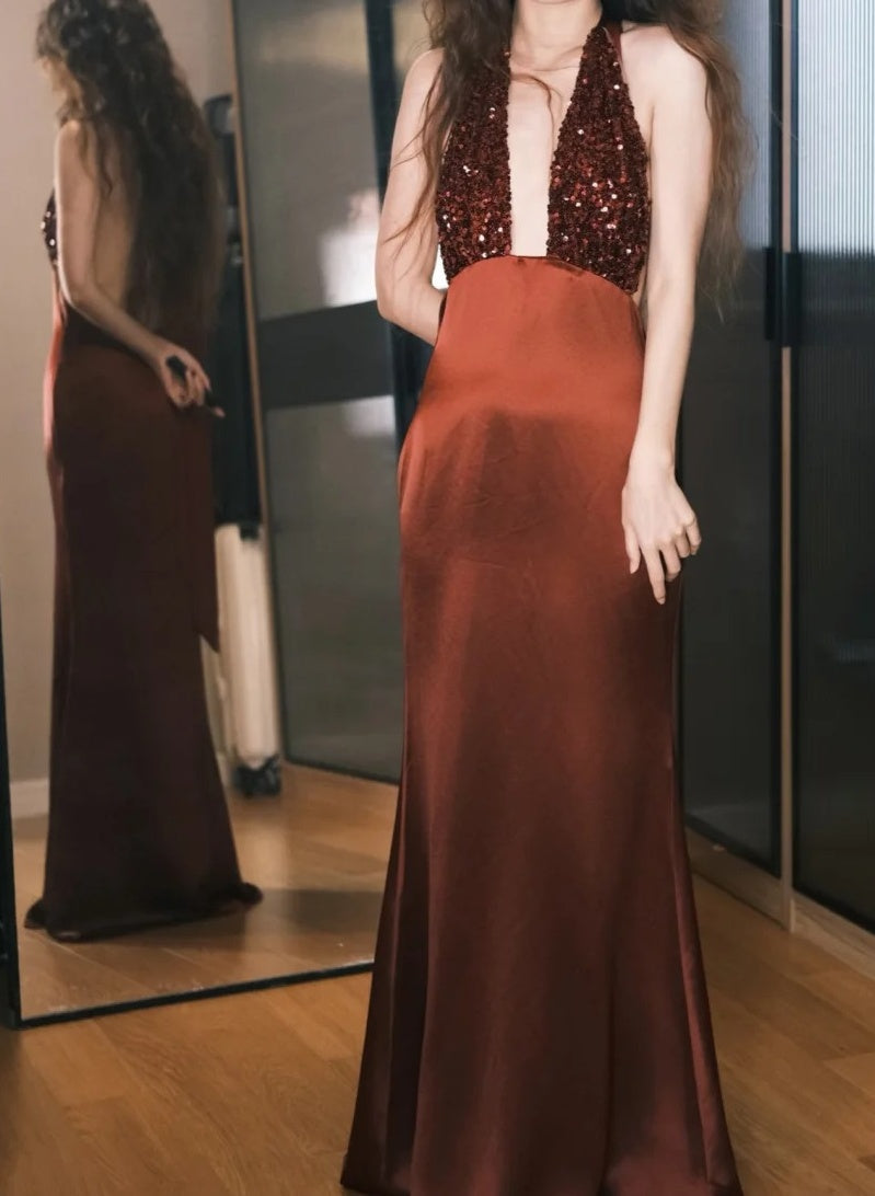 Wunderschönes Ballkleid Weinrot Satin Neckholder Galakleid Abendkleid D5491