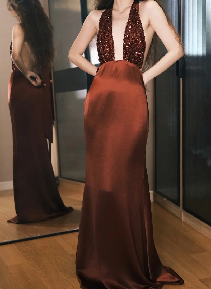 Wunderschönes Ballkleid Weinrot Satin Neckholder Galakleid Abendkleid D5491