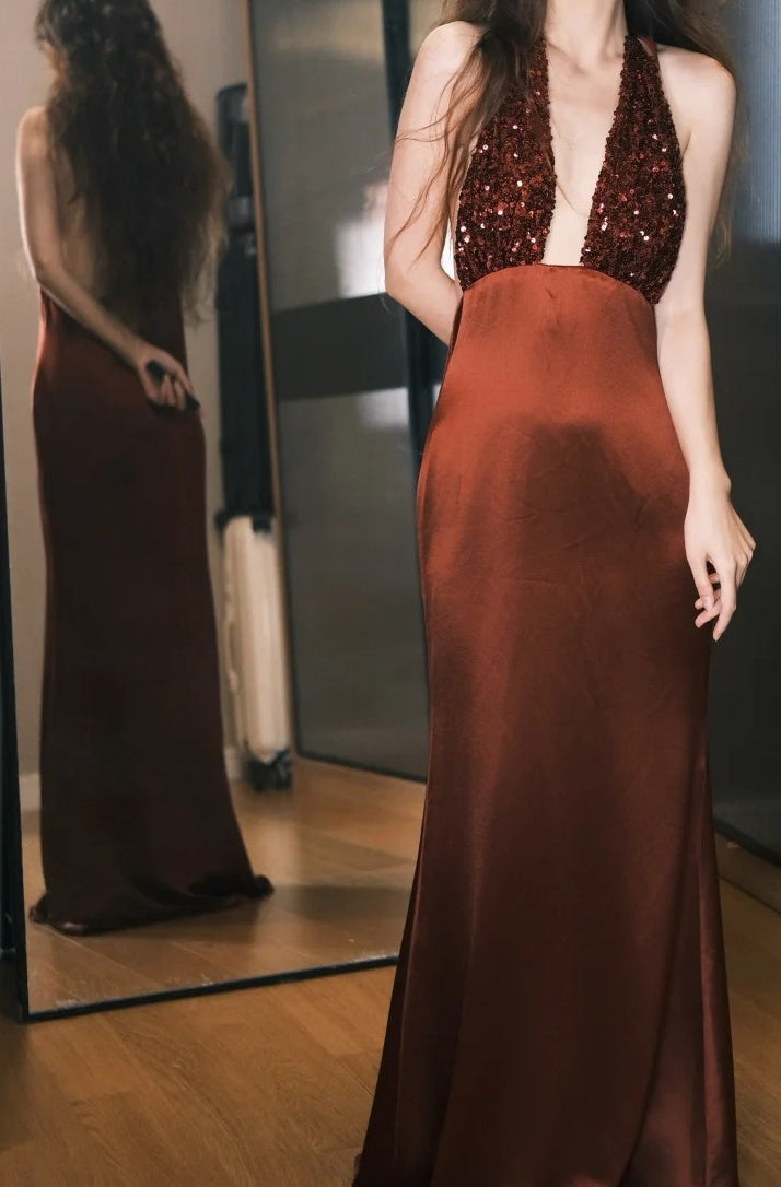 Wunderschönes Ballkleid Weinrot Satin Neckholder Galakleid Abendkleid D5491