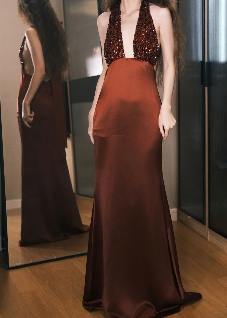 Wunderschönes Ballkleid Weinrot Satin Neckholder Galakleid Abendkleid D5491