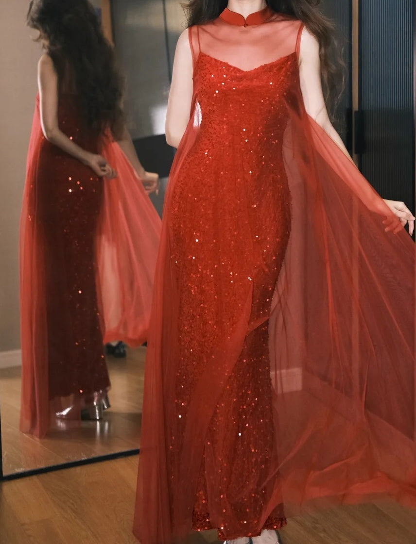 Shiny Prom Dress Red Sapghetti Straps Tulle Gala Dress Evening Dress       D5493