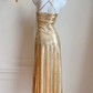 Gold Sequins Cross Back Sheath Long Party Dress Evening Gown MD7522
