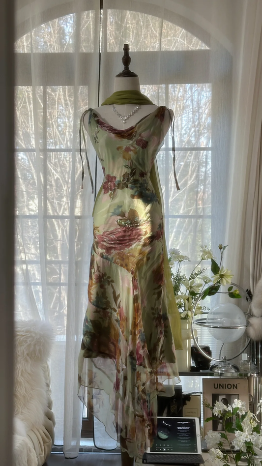 Elegant Green Fairy Gorgeous Floral Long Chiffon Spaghetti Strap Romantic Evening Dress Prom Dresses D1495