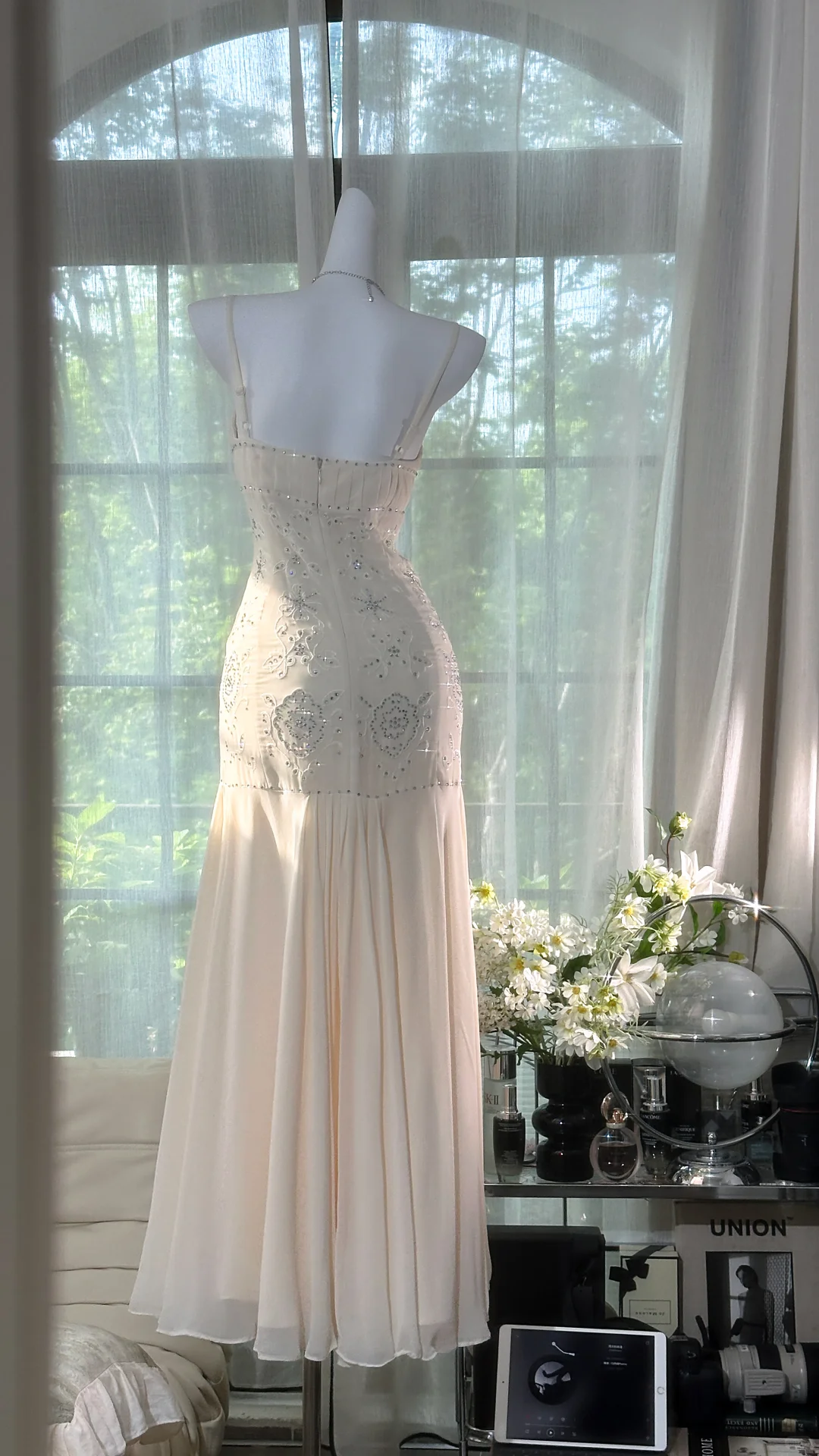 Shiny Light Green Sequined Spaghetti Strap Design Chiffon Prom Dress Evening Dress D1706