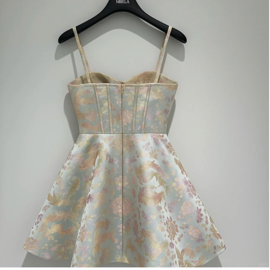 Cute Floral Sweetheart Spaghetti Strap Design Satin Party Dress Homecoming Dress D1709