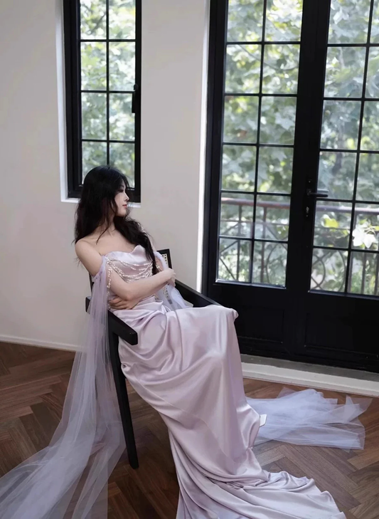 Light Lilac Off Shoulder Sheath Satin Long Party Dress Birthday Outfits MD7435