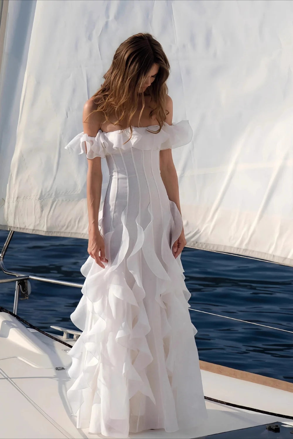 Elegant Wedding Dress Off the Shoulder Pleated Flouncing A Line Cascade Wedding Dress Prom Dress D7232