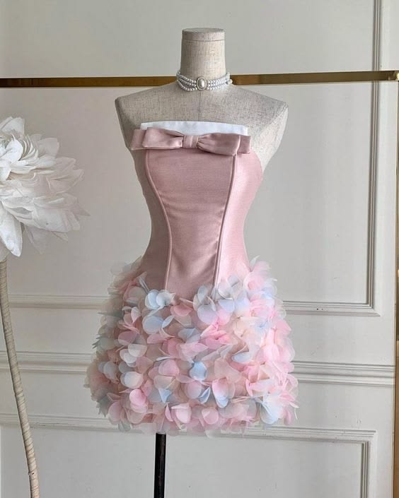 Beautiful Homecoming Dress Strapless Flower Bowknot Back to School Outfits Party Dress D7246