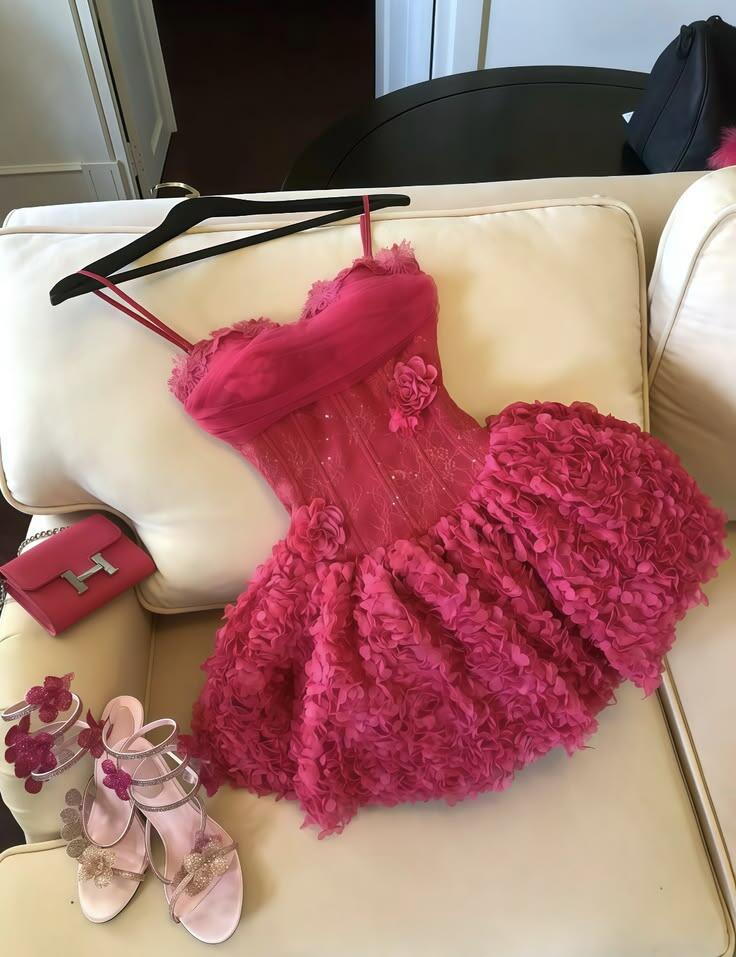 Hot Pink A Line Spaghetti Strap Tulle Short Homecoming Dress D7990