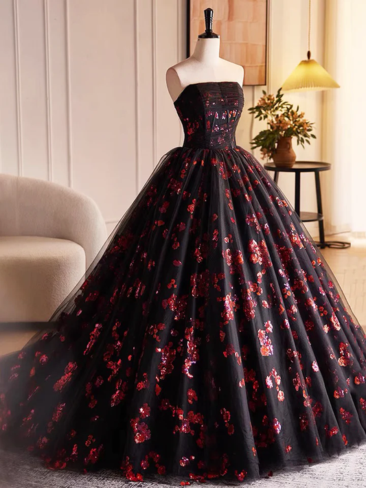 Black Tulle and Red Sequins A-Line Strapless Formal Party Dress Evening Gown MD7190