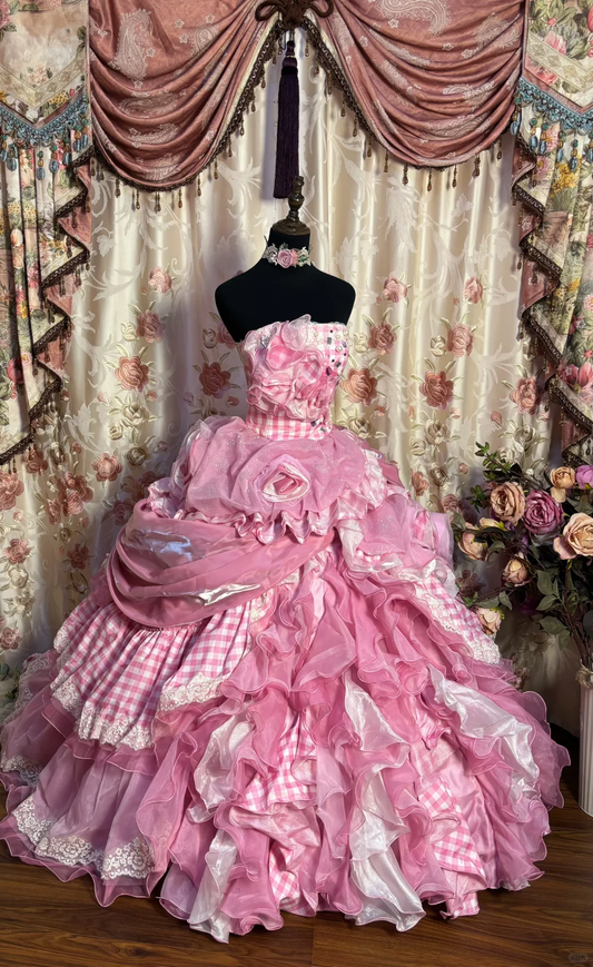 Pink Strapless A-Line Ruffles Layered Quinceanera Dress Lovely Birthday Ball Gown, D837