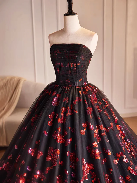 Black Tulle and Red Sequins A-Line Strapless Formal Party Dress Evening Gown MD7190