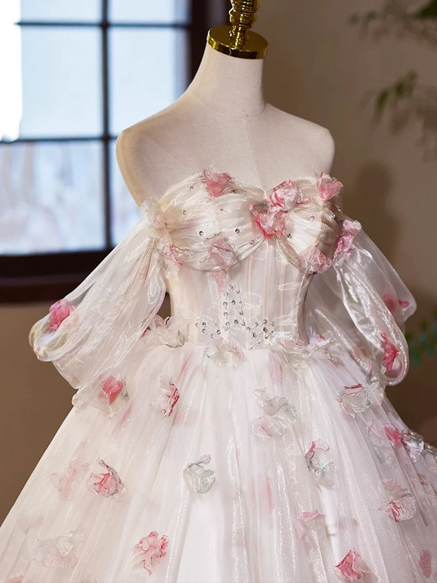 A-Line Tulle Floral Prom Dress, Off the Shoulder Formal Party Dress MD7199