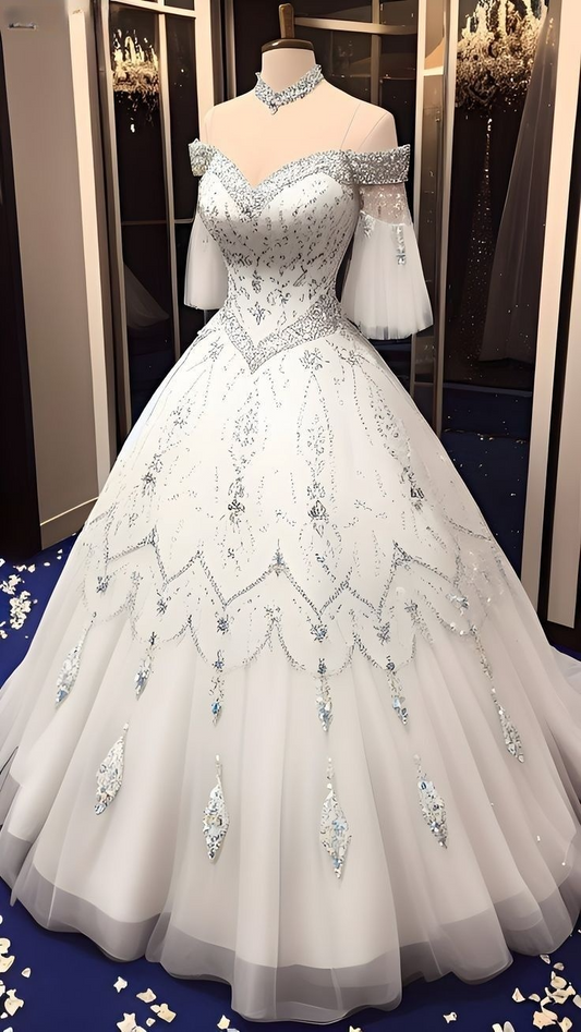 Wunderschönes weißes schulterfreies A-Linien-Brautkleid mit Perlenbesatz, langes Brautkleid, D903