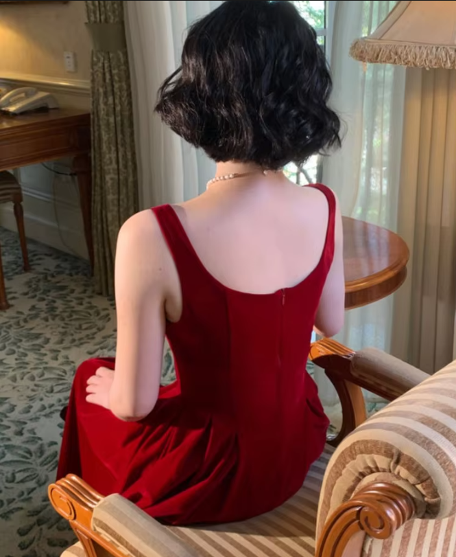 Wine Red Square Neck Straps A-Line Long Party Dress Birthday Outfits MD7554