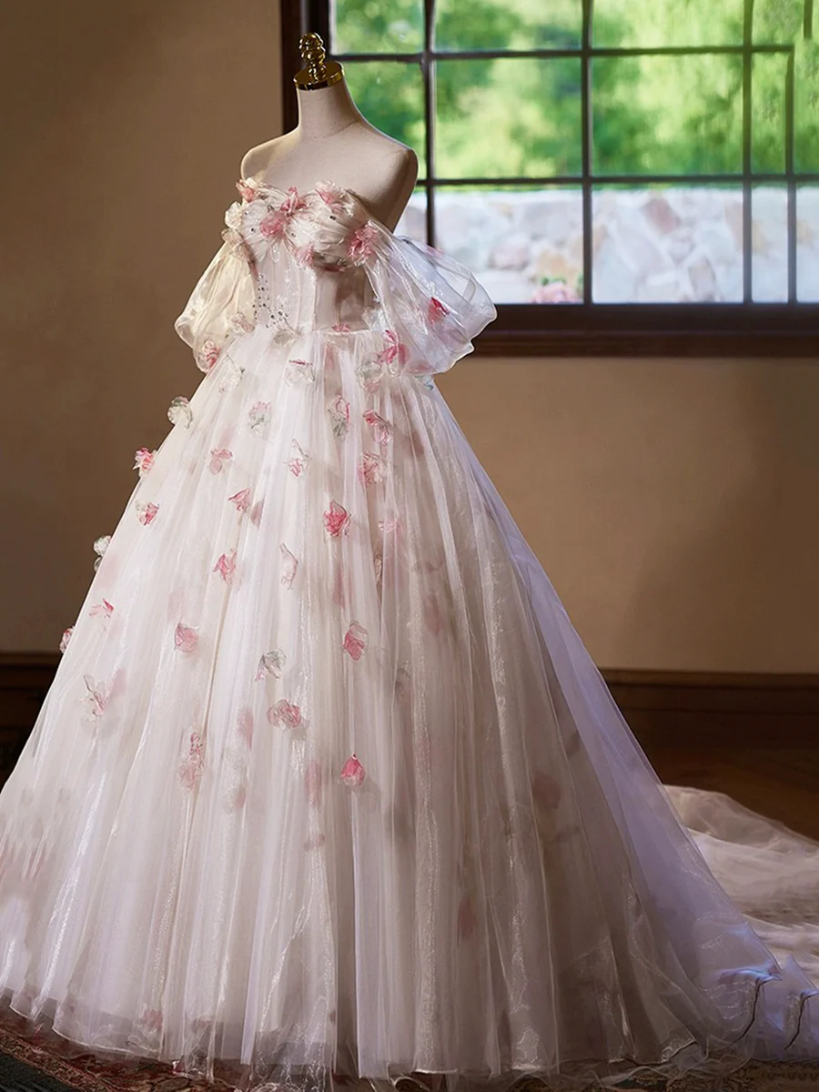 A-Line Tulle Floral Prom Dress, Off the Shoulder Formal Party Dress MD7199