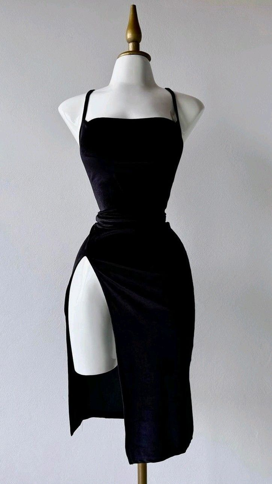 Sexy Black Straps Split Velvet Midi Length Party Dresses Cocktail Dresses, D1220