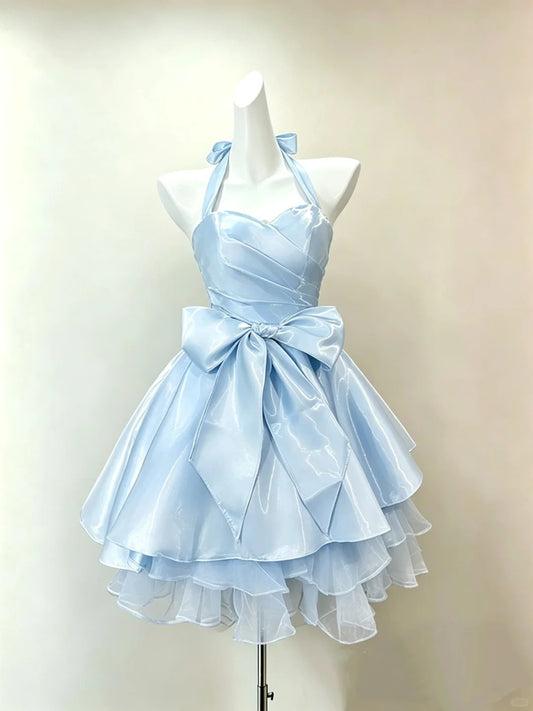 New Homecoming Dress Halter Tulle Pleated Cascade Bowknot Back to School Outfits Party Dress Birthday Dress D7540