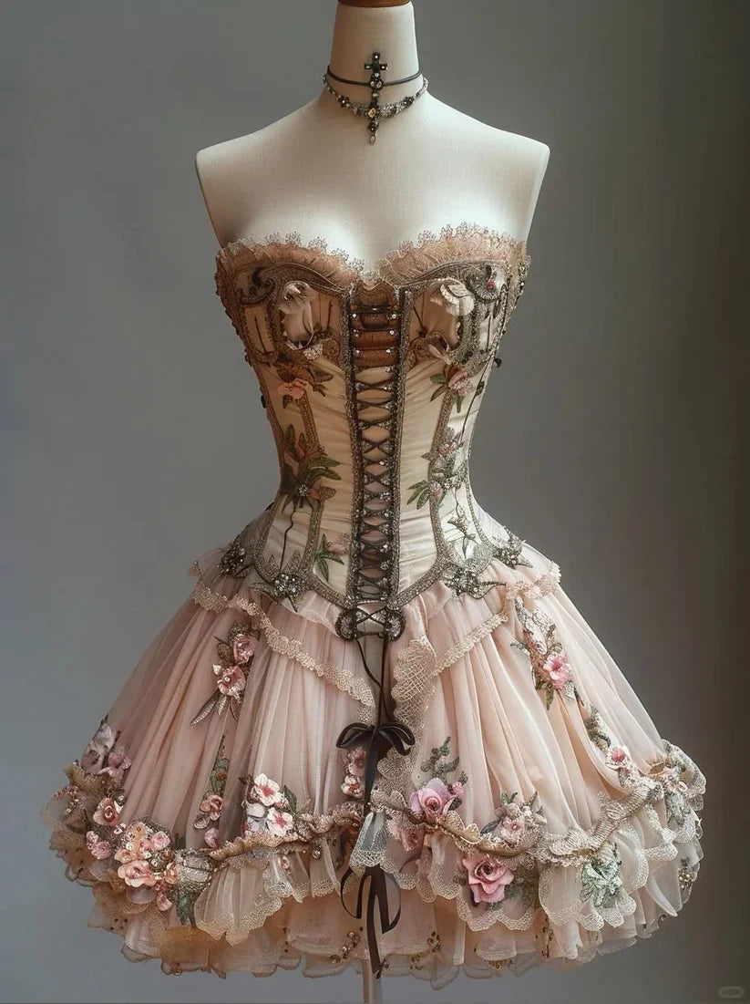 Retro Strapless Floral Design Lolita Princess Dress A-line Beaded Chiffon Party Dress Homecoming Dress D1568
