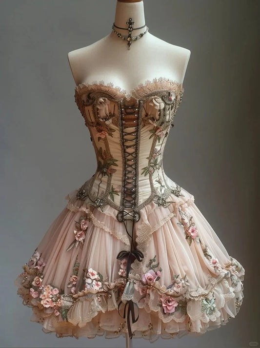Retro Strapless Floral Design Lolita Princess Dress A-line Beaded Chiffon Party Dress Homecoming Dress D1568