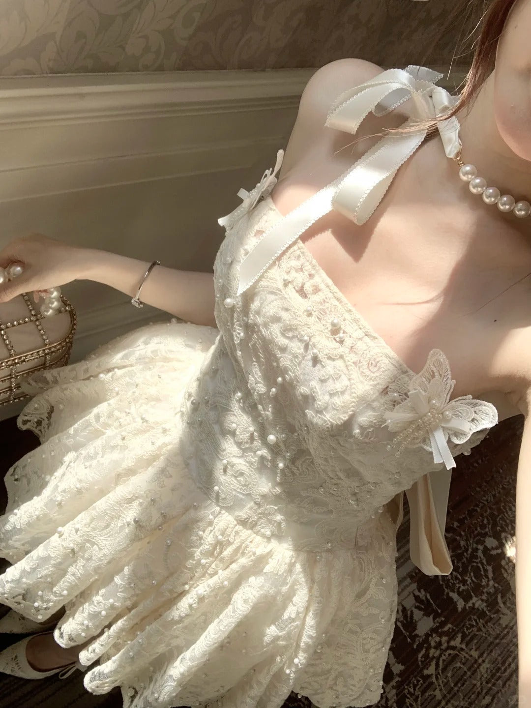 Elegant Homecoming Dress Spaghetti Strap Lace Pearl Bowknot Dress Back to School Outfits Party Dress  D6397