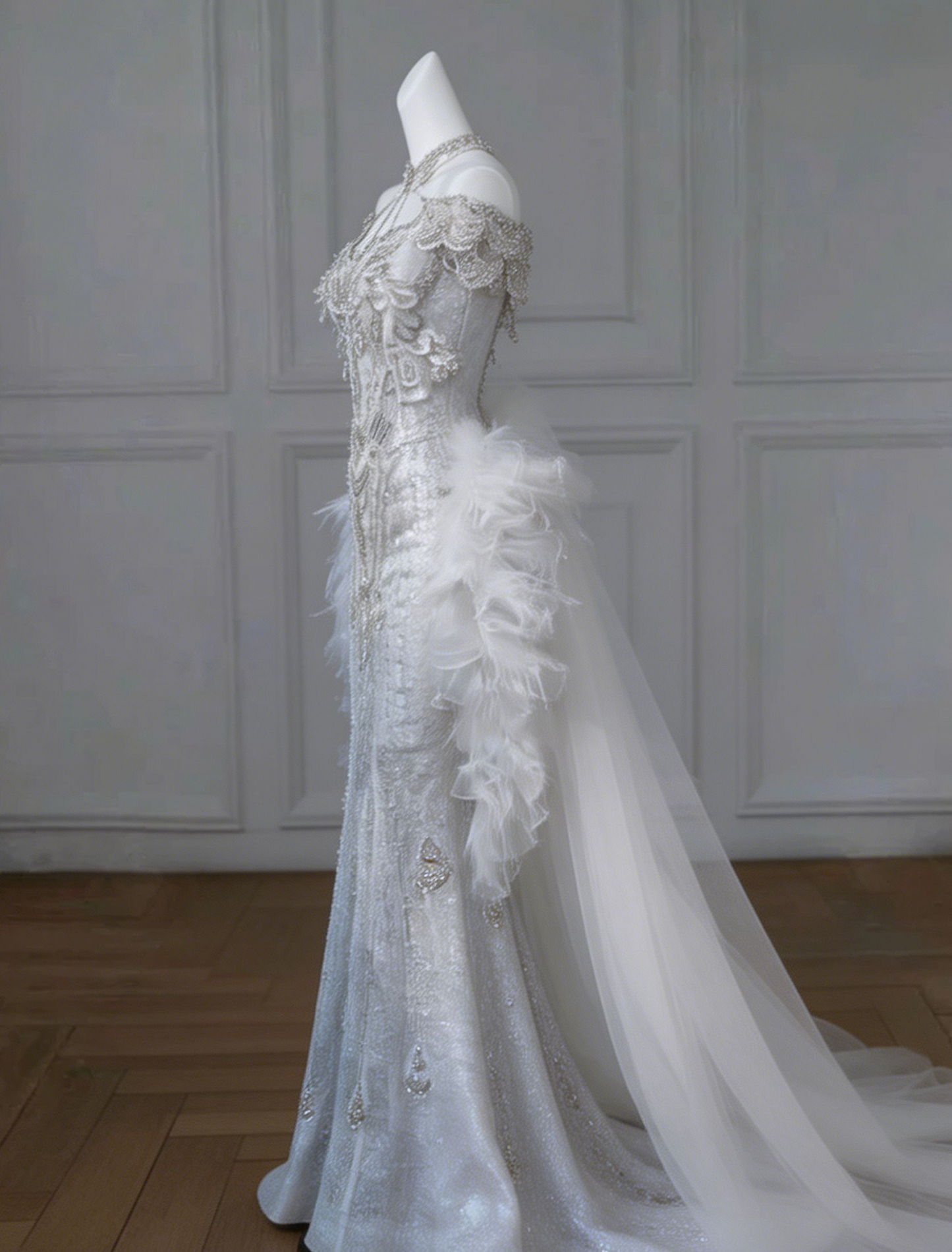 Superbe robe de soirée sirène longue en tulle perlé, robe de mariée, D238