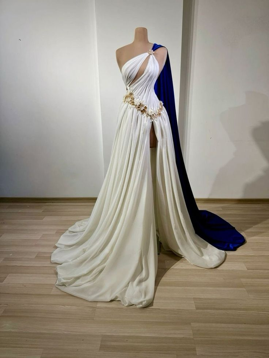 Sexy White One Shoulder A-Line Split Long Evening Party Dress Prom Gowns, D915