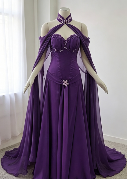 Purple Sweetheart A-Line Chiffon Long Party Dress Vintage Evening Dress, D784