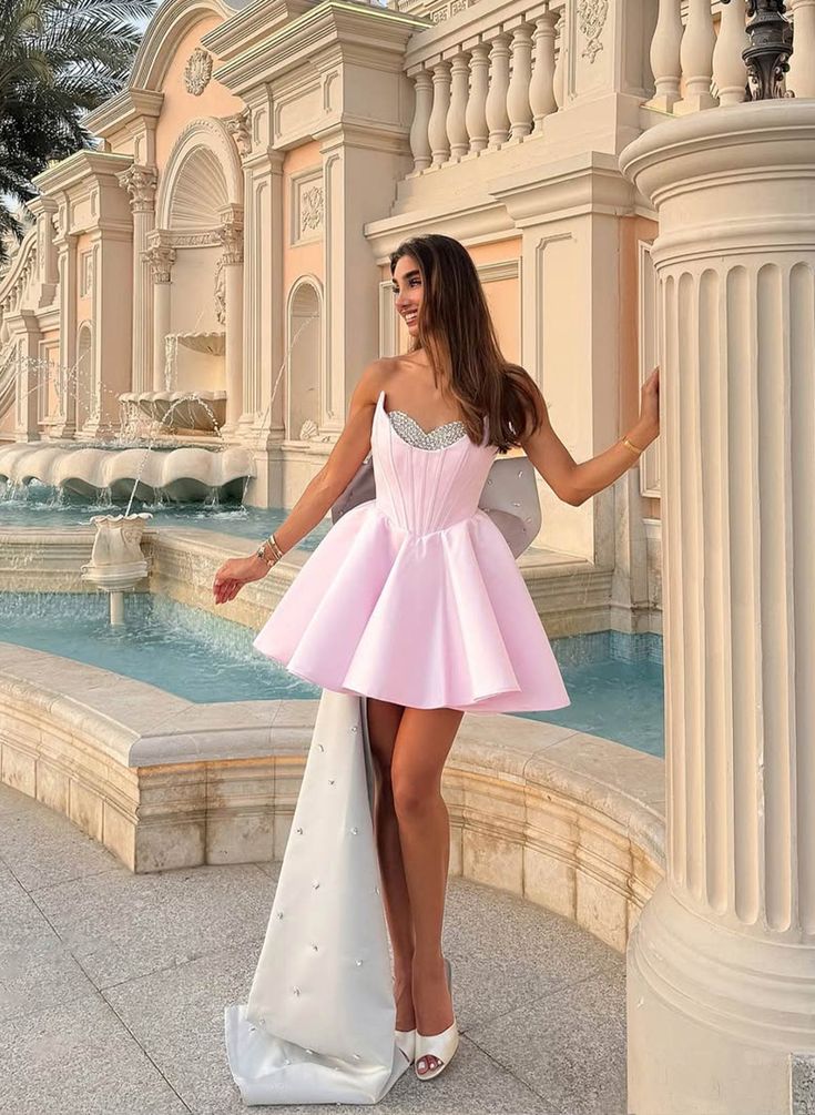 Fashionable Homecoming Dress Sweetheart Rinestone Bowknot A-Line Back to School Outfits Party Dress D7839