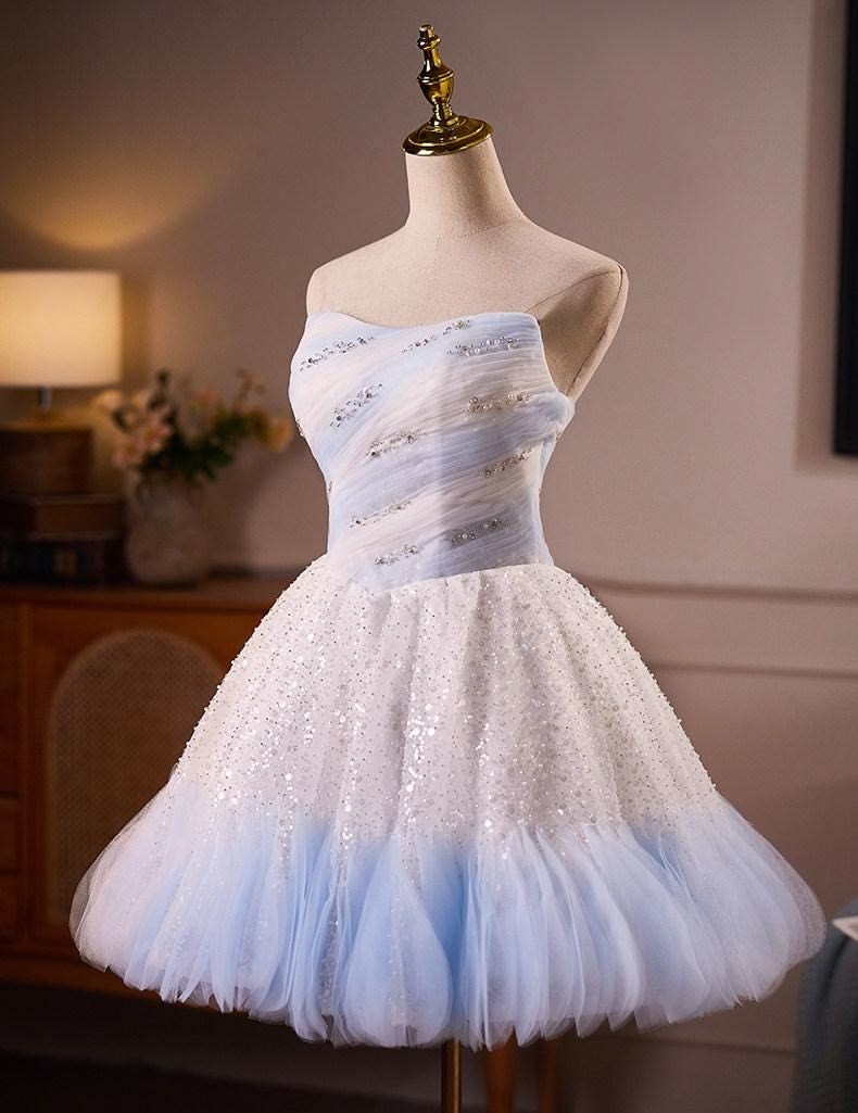 Unique Homecoming Dress Strapless Sequins Bead Tulle Back to School Outfits Party Dress  D7745