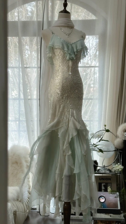 Elegant Mermaid Sparkling Beaded Spaghetti Strap Romantic Chiffon Evening Dress Prom Dresses D1464
