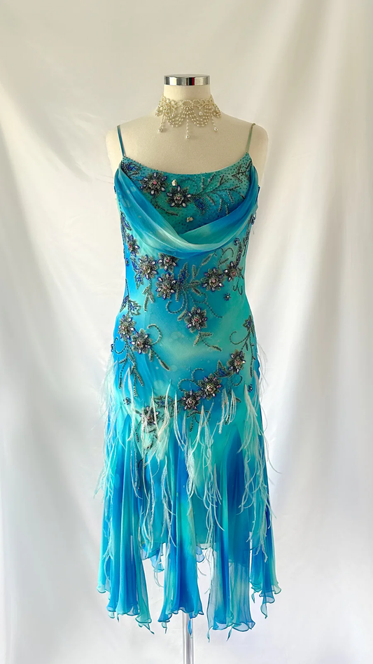 Vintage Blue Spaghetti Straps Sheath Beading Long Evening Party Dress, D773