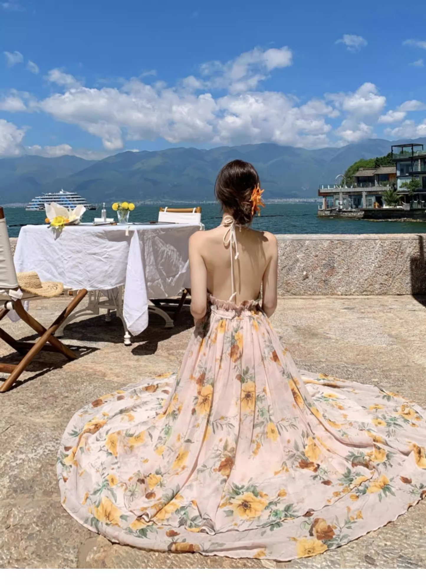 New Fashion Floral V-neck Design Elegant Beach Holiday A-line Sleeveless Halter Dress Summer Dress, D1723