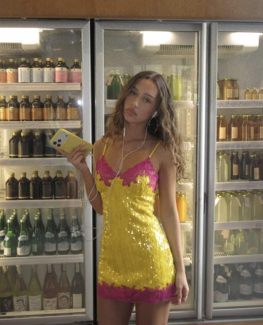 Shiny Sheath Spaghetti Strap Pink Lace Yellow Sequin Short Homecoming Dress D7979